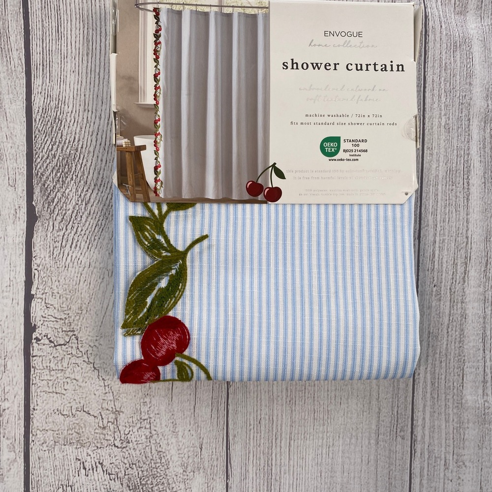 Envogue Shower Curtain Blue White Stripe Red Cherry Embroidered Whimsical Fruit